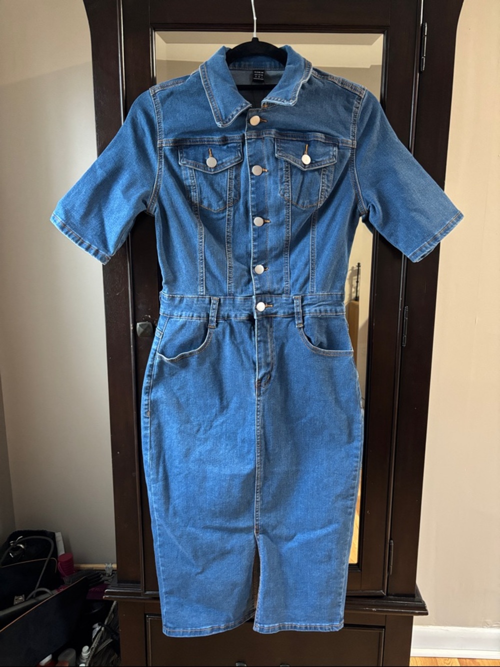 Blue Denim Button-Front Midi Dress